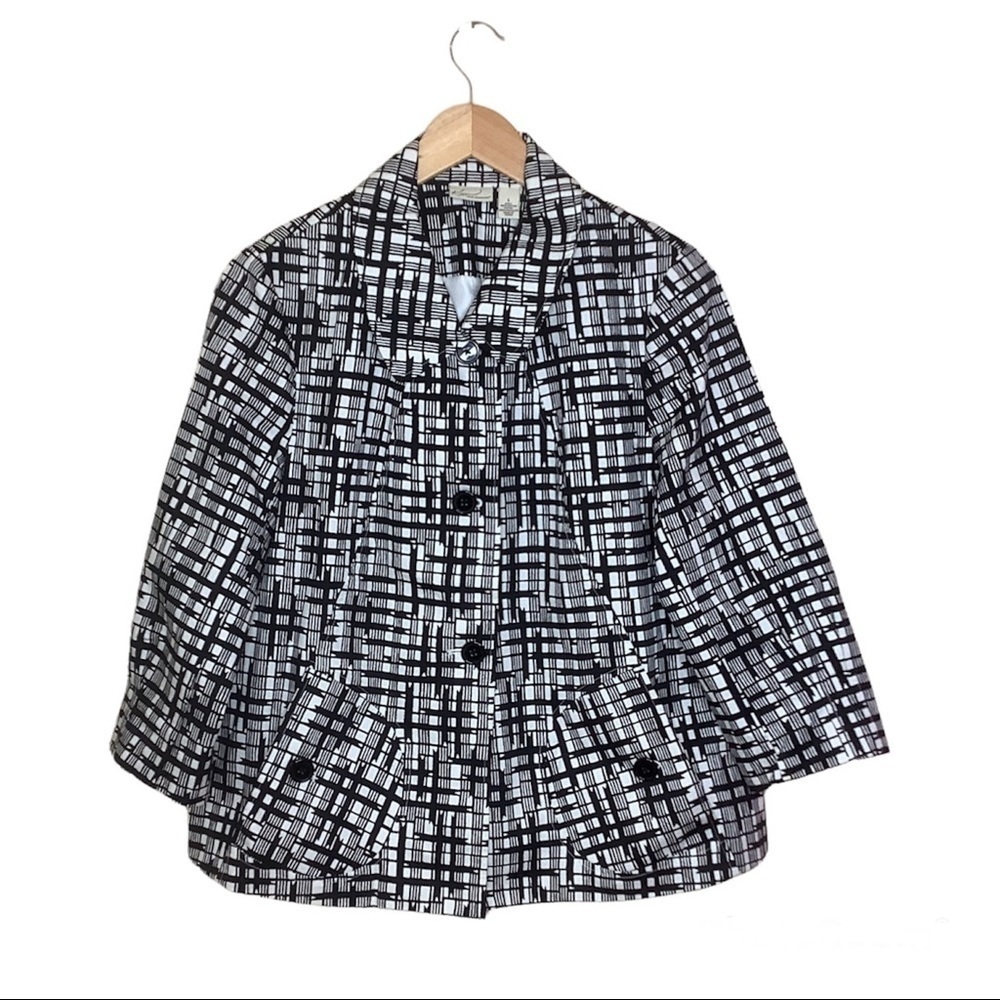 Kim Rogers Button Up Jacket Womens Size L Short Lined  Black White 3/4 Slv Twee
